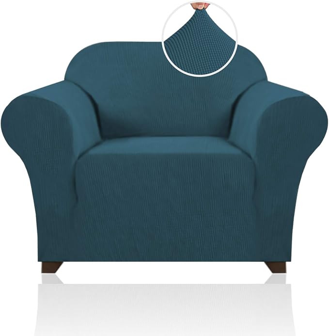 Stretch Chair Covers for Living Room, Washable Armchair Slipcovers, Fitted Chair Slip Cover Jacquard Small Checked Furniture Protector with Elastic Bottom(Armchair 31"-40",Deep Teal)