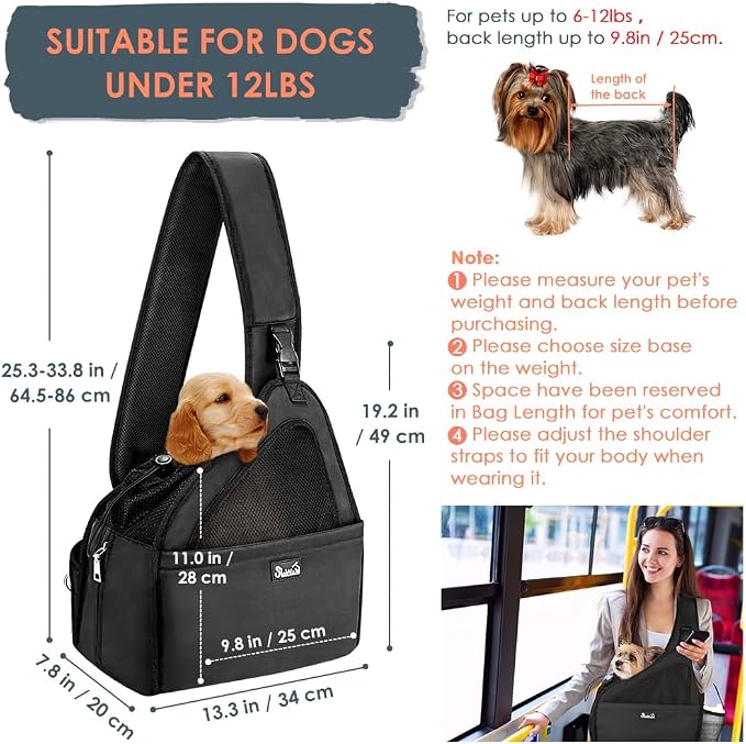 SlowTon Pet Dog Sling Carrier, Hands Free Hard Bottom Papoose Small Animal Puppy Up to 11 lbs Travel Bag Tote Breathable Mesh Support Adjustable Padded Strap Pocket Safety Belt Machine Washable