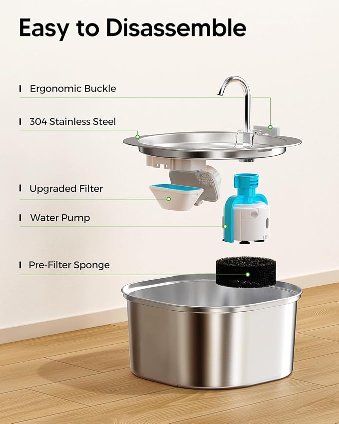 PEKTACO Cat Water Fountain, 3.2L Pet Drinking Fountain with 6 Filters | Stainless steel cat drinking fountain, dishwasher safe, with triple filtration, quiet pump, faucet for cats and small pets