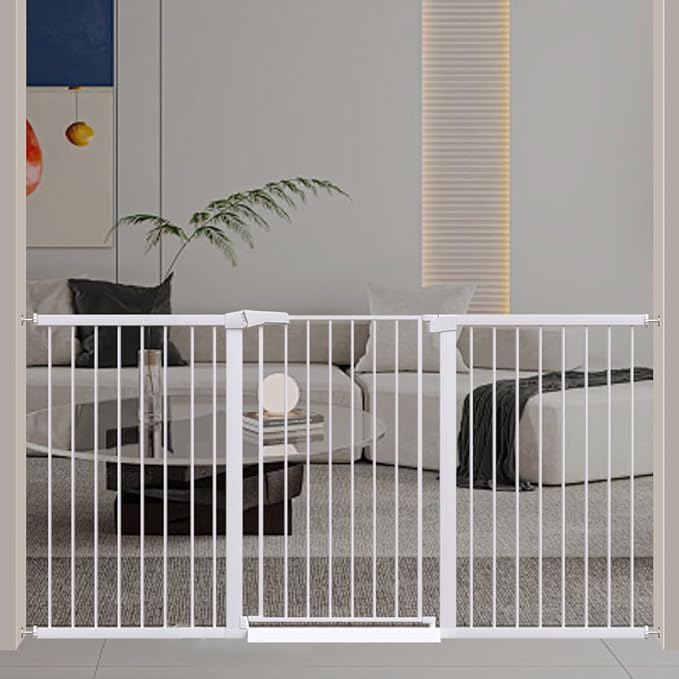 Fairy Baby 38" Extra Tall Baby Pet Gate for Stairs,70.9"-76.3" Extra Wide Long Dog Gate for the House, Metal Auto Close Pressure Mounted Safety Child Gate, Tension Baby Gate Barrier No Climb, White