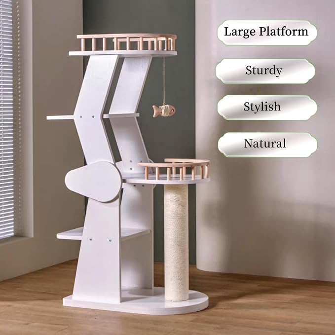 SHENGOCASE Modern Wooden Cat Tree Tower for Window Viewing Watching, 54.3 Inches Tall, 5-Level Large Perch Platform with Sisal Scratching Post, White