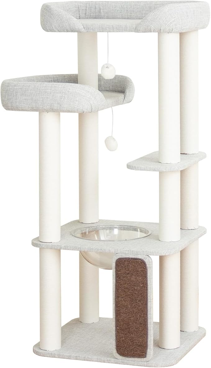 Cat Tree for Large Cat, Modern Senior Friendly Cat Tower with Wide Shelves Low Step, Cotton Scratching Posts, Super Sturdy Base, Cozy Perches, and Interactive Toys (Gray)