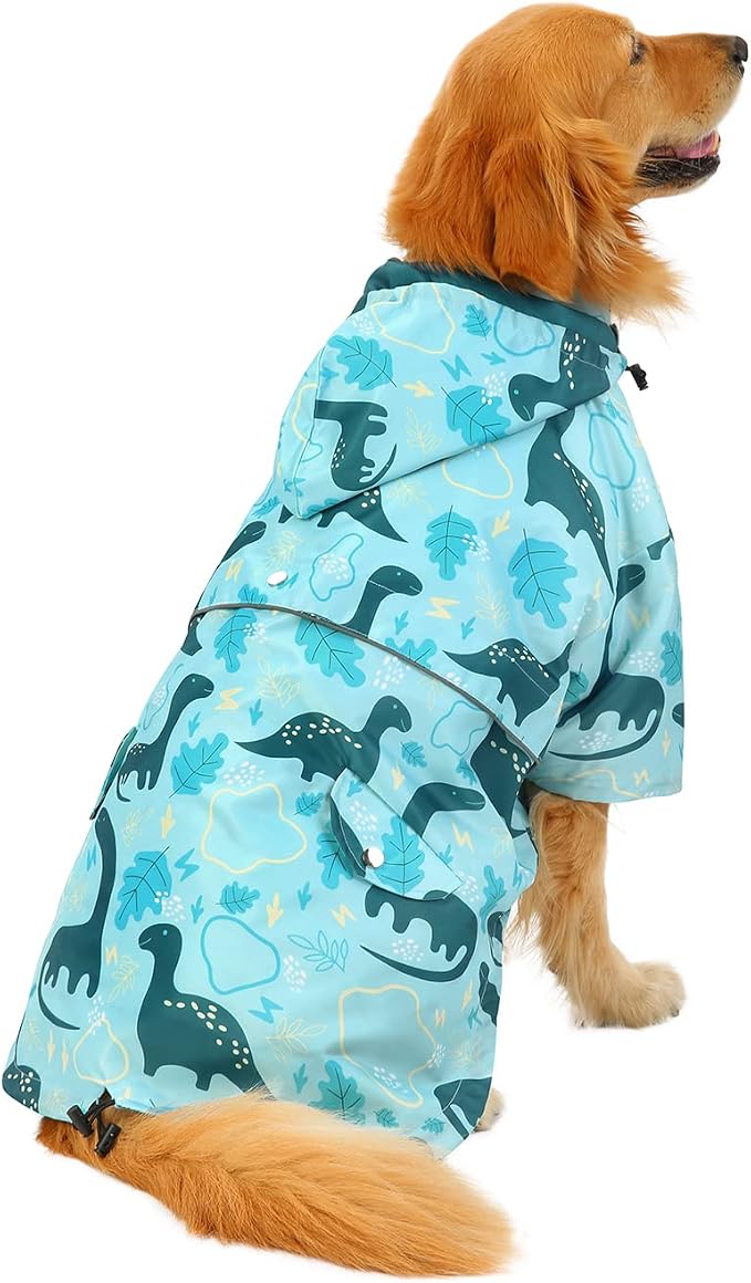 HDE Double-Layer Zip Dog Raincoat Poncho with Removable Hood and Leash Hole for Small to 3XL Dogs and Puppies - Dinosaurs - XL - Polyester