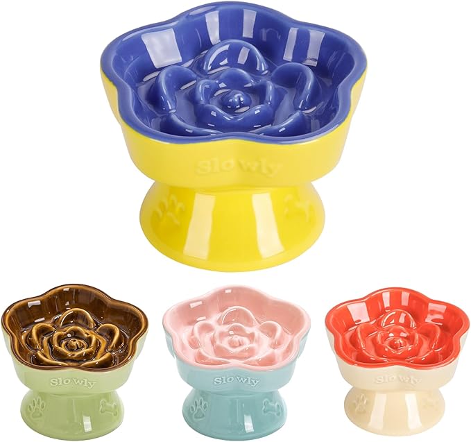 S&Q's CERAMICS Raised Slow Feeder Cat Bowl, Ceramic Elevated and Titled Pet Food Bowl, Small Dogs Slow Feeder, Flower Shaped Dish for Dry and Wet Food (Blue, 5.8")