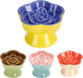 S&Q's CERAMICS Raised Slow Feeder Cat Bowl, Ceramic Elevated and Titled Pet Food Bowl, Small Dogs Slow Feeder, Flower Shaped Dish for Dry and Wet Food (Blue, 5.8")