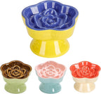 S&Q's CERAMICS Raised Slow Feeder Cat Bowl, Ceramic Elevated and Titled Pet Food Bowl, Small Dogs Slow Feeder, Flower Shaped Dish for Dry and Wet Food (Blue, 5.8")