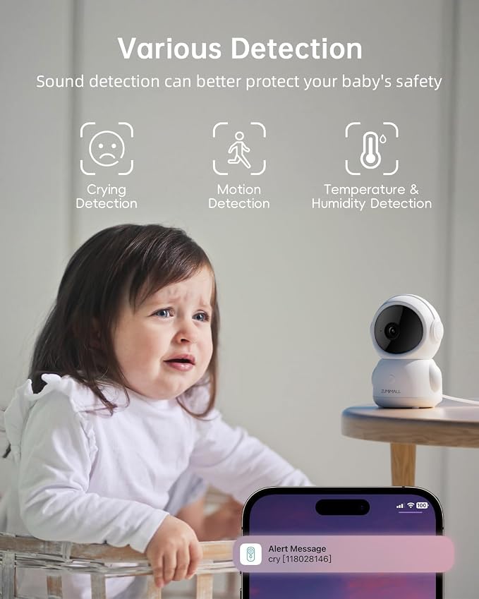 ZUMIMALL Security Camera Indoor, Baby Monitor with Camera and Audio | Pet/Dog/Cat Cameras, 5G/2.4G WiFi, 2K Wired, One-Click Call, Cry/PIR/AI Detection, Auto Tracking, Privacy, No Subscriptions