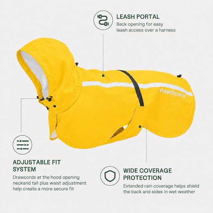 Stretch Fabric Dog Raincoat with Hood, Reflective Rain Poncho for Medium Large Dogs, Adjustable Waterproof Dog Rain Jacket with Leash Opening, Bright Yellow, Large
