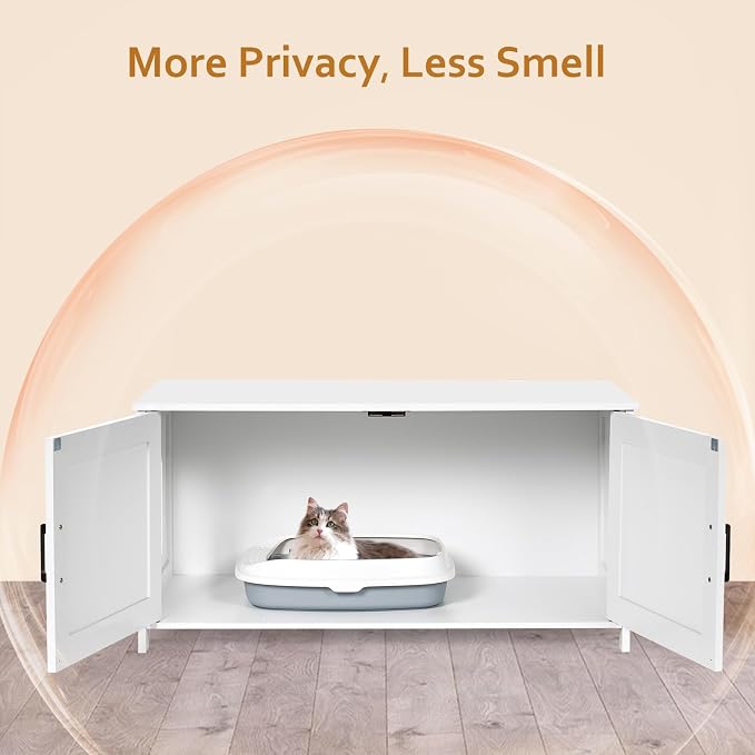 Homhedy 39.4" L Cat Litter Box Enclosure with Barn Door, White | Wooden Cat Washroom Furniture, Cat House, Pet Storage Cabinet, Dog-Proof, Fit Most of Litter Box, Farmhouse Style