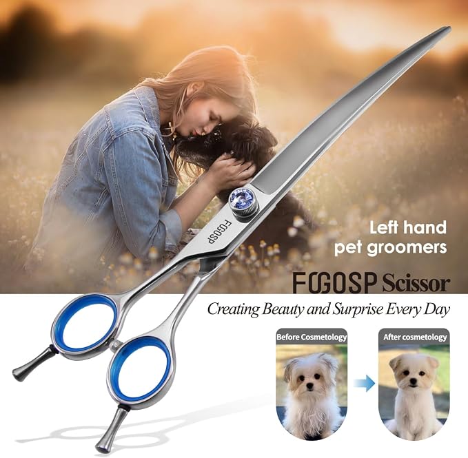 Left Handed Curved Scissors for Dog Grooming 7" Downward Professional Curved Shears Dog Grooming for Poodle Pet Cat Face Japan 440C Stainless Steel Super Sharp(7.0 curved)