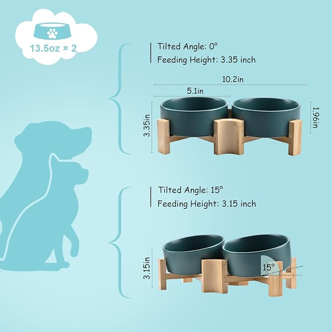 SPUNKYJUNKY 15° Slanted Ceramic Dog and Cat Bowl with Wooden Stand, Tilted Bulldog Food and Water Bowl No Slip Non-Spill for Cats Medium Dogs Big Face Pets 13.5 OZ (1.7 Cups, Green × 2)