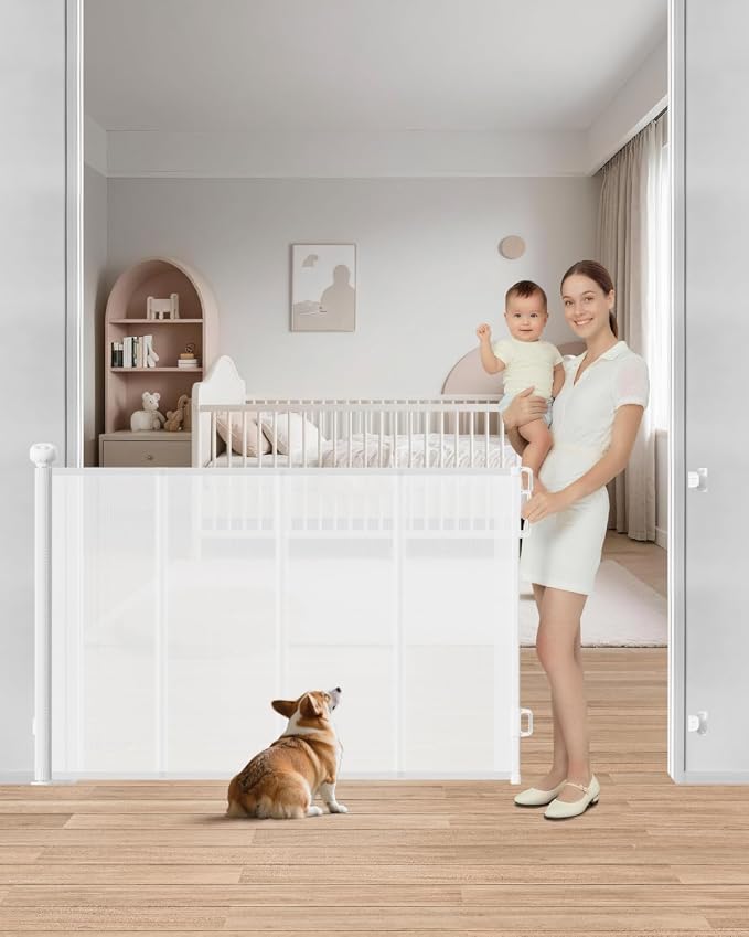 Retractable Mesh Baby Gate, 55 inch Wide Reinforced Mesh Dog Gate | 4 Fiberglass Support Rods for Extra Stability, Fully Retractable Design, 34" Tall for Stairs, Hallways & Doorways, White