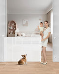 Retractable Mesh Baby Gate, 55 inch Wide Reinforced Mesh Dog Gate | 4 Fiberglass Support Rods for Extra Stability, Fully Retractable Design, 34" Tall for Stairs, Hallways & Doorways, White
