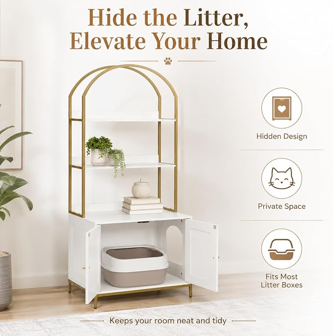Homhedy Cat Litter Box Enclosure with 2-Tier Shelves, White and Gold | Litter Box Furniture Hidden, Indoor Cat House, Wooden Cat Washroom Furniture with Metal Frame, Modern Style