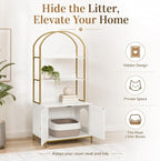 Homhedy Cat Litter Box Enclosure with 2-Tier Shelves, White and Gold | Litter Box Furniture Hidden, Indoor Cat House, Wooden Cat Washroom Furniture with Metal Frame, Modern Style