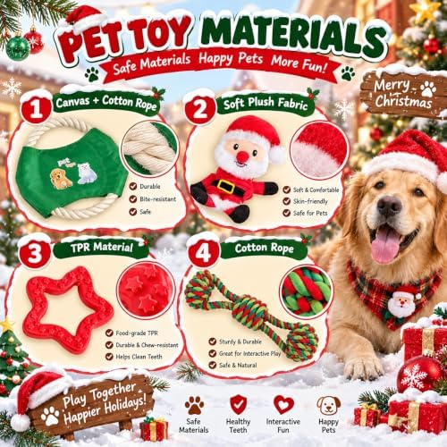 Christmas Dog Toys 4 Pack, Squeaky Plush, Rope Frisbee & Teething Toys - Image 4