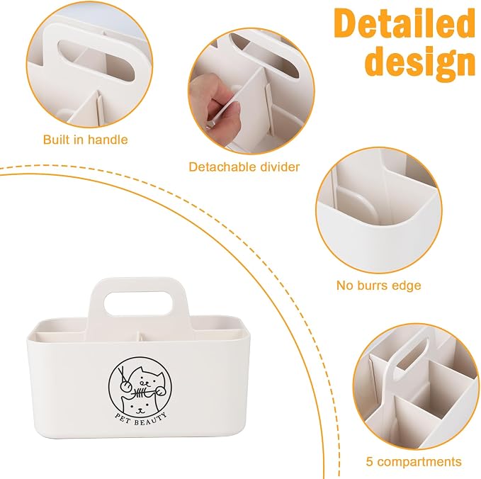 Minimalist White Dog Cat Grooming Supplies Organizer, Portable Caddy with 5 Compartments
