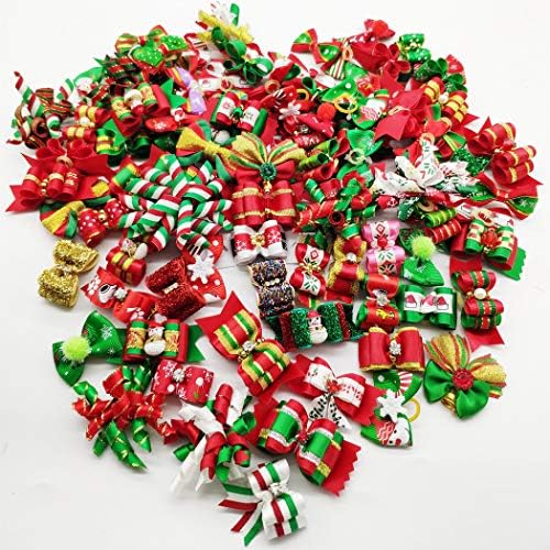100pcs Dog Puppy Cat Christmas 3D Rhinestone Hair Bows with Rubber Bands Flat Pet Xmas Grooming Accessories - Image 6