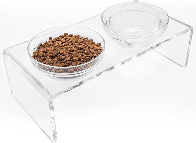 Acrylic Elevated Dog Cat Bowls Pet Feeder Double Bowl Raised Stand Comes with 2 Removable Glass Bowls and 2 Stainless Steel Bowls.Perfect for Large Dogs, 7.2" Tall
