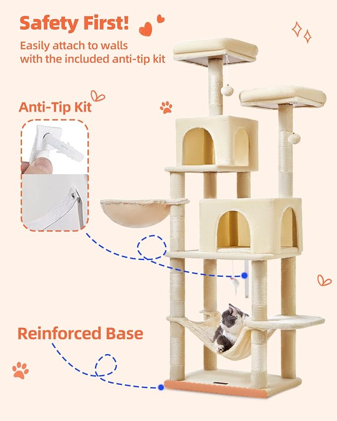 Taoqimiao Cat Tree, 66.2 in Tall Cat Tower with 2 Plush Cat Condos | 7 Scratching Posts, 2 Top Perches, Cozy Hammock & Basket, Indoor Cats, 2 Pompoms & Mouse Toy, Beige, MS013M