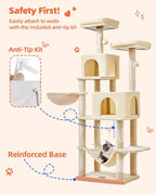 Taoqimiao Cat Tree, 66.2 in Tall Cat Tower with 2 Plush Cat Condos | 7 Scratching Posts, 2 Top Perches, Cozy Hammock & Basket, Indoor Cats, 2 Pompoms & Mouse Toy, Beige, MS013M