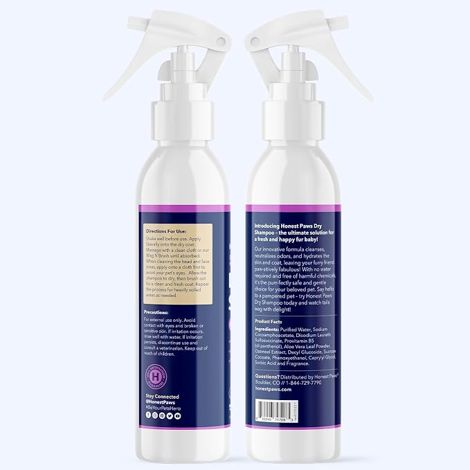 Honest Paws Dog Dry Shampoo - Waterless No Rinse Foaming Formula Reducing Itch Cleanse Hydrate Nourish Dry Skin and Smelly Coat Help Decrease Odor Shedding and Allergies - Oatmeal & Lavender - 8 fl oz