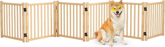 Wooden Freestanding Dog Gate Indoor - 23" H 6 Panels | Foldable Nature Wood Pet Gates for Doorways, No-Painted Doggie Fence for Stairs, Hallways