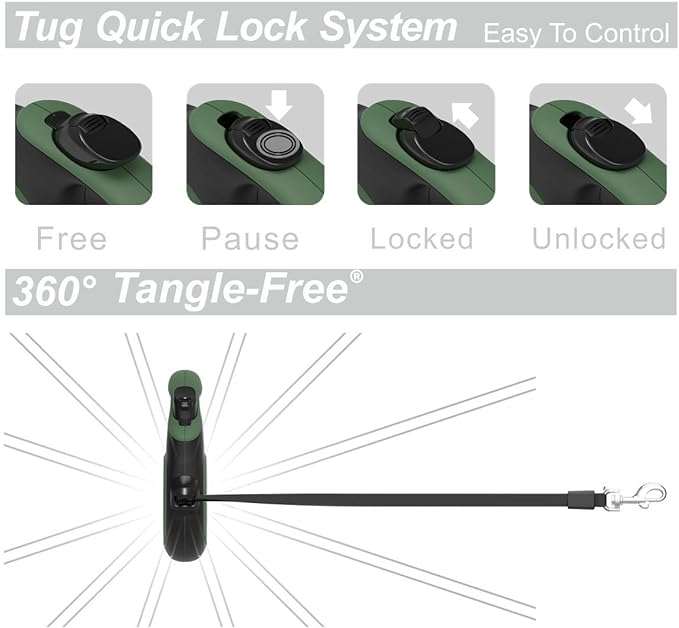 TUG 360° Tangle-Free Retractable Dog Leash with Anti-Slip Handle | 16 ft Strong Nylon Tape | One-Handed Brake, Pause, Lock (Large, Green)