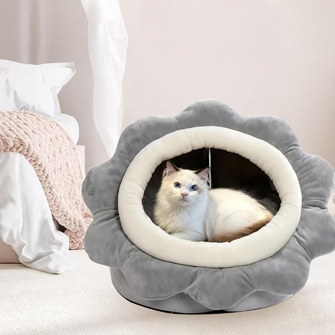 Cat Beds for Indoor Cats - Sun Flower Shaped Cute Cat Cave Bed,Gray L | Super Soft Plush Calming cat Tent house for Kitten&Puppy with Toy,Machine Washable&Thick and Removable Sushion,cat Hideaway
