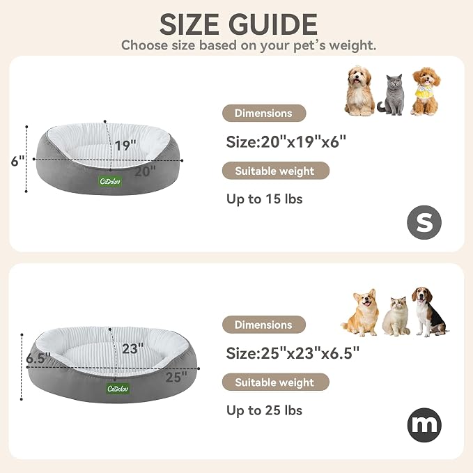 Round Pet Bed for Cats & Small Medium Dogs, Grey 25in | Washable Small Dog Beds, Calming Soft Pet Beds for Puppy Kitten, with Anti-Slip Bottom, Low Entrance