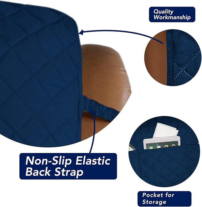 PureFit Reversible Quilted Oversized Recliner Sofa Cover, Water Resistant Furniture Protector, Washable Couch Cover with Elastic Straps for Kids, Pets (Large, Classic Navy/Navy) | Navy/Navy, Water Resistant Couch Protector, Washable Pet Couch Cover wit...