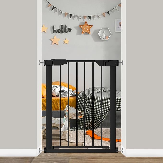 Fairy Baby 22.8"-25.5" Narrow Baby Gate for Small Stairs/Doorways/Hallways | Pressure Mounted Auto-Close Pet Gate, Metal Tension Safety Child Gate No Drill, Walk Thru Easy Install, No Extensions, Black
