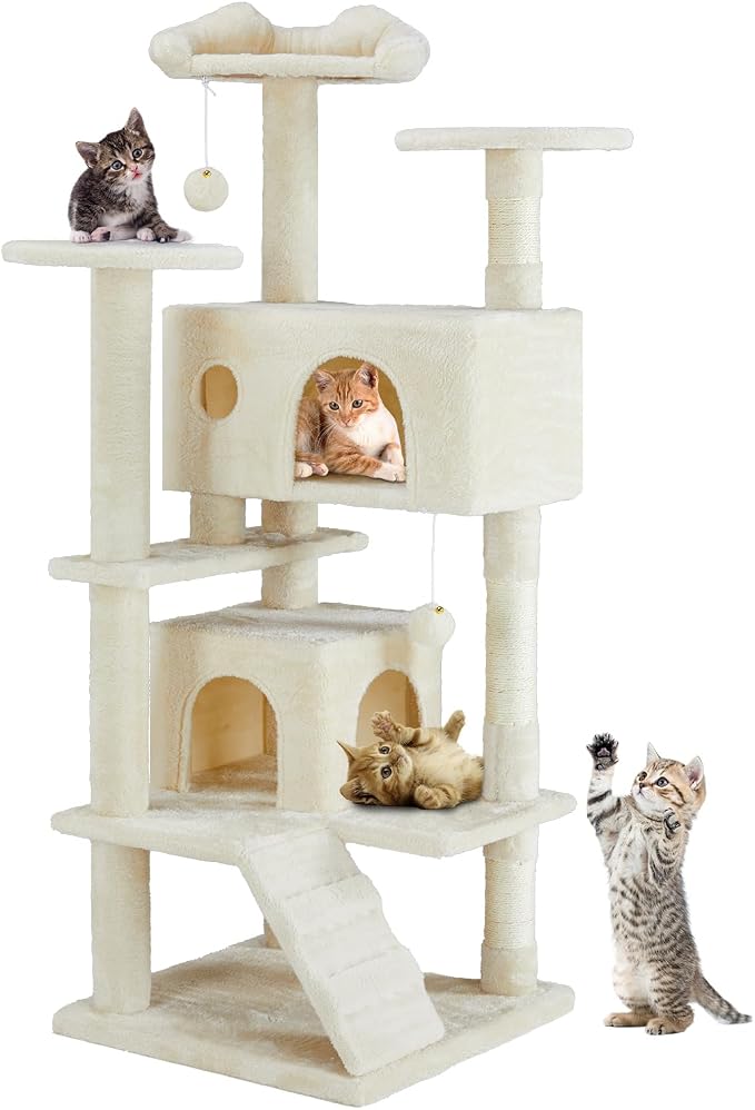 DUMOS 54 Inch Cat Tree Tower with Scratching Posts, Beige | Multi-Level Pet House for Large Cats with 2 Condos, Scratching Posts, Round Platform, Small Ladder and Toys