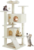 DUMOS 54 Inch Cat Tree Tower with Scratching Posts, Beige | Multi-Level Pet House for Large Cats with 2 Condos, Scratching Posts, Round Platform, Small Ladder and Toys