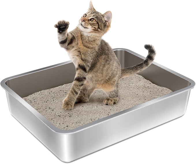 Stainless Steel Litter Box,Metal Cat Litter Box for Kitten | 17.7" L x 13.77" W x 4" H Metal Litterbox for Elderly Cats,Non Stick, No Smell, Easy Entry,Easy to Clean