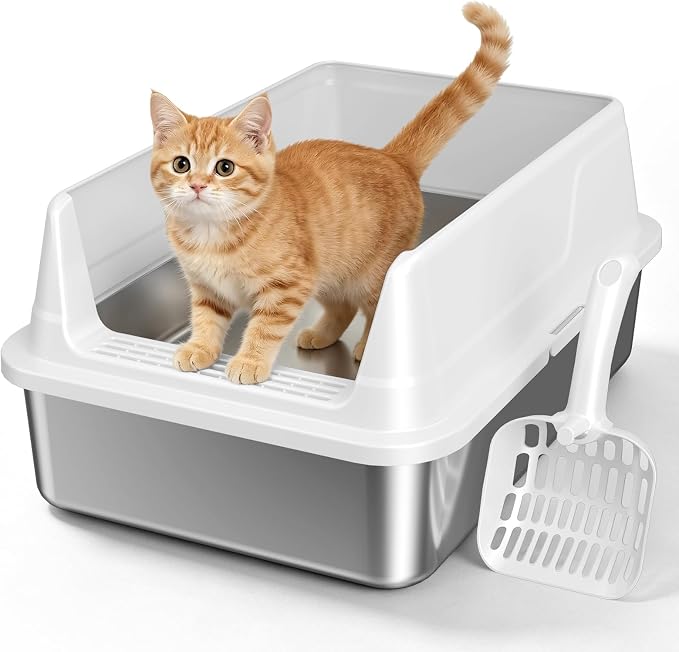 Stainless Steel Cat Litter Box with Scoop,M Metal Pan for Kittens | Metal Litter Box with High Sides & Lid, Open Top Low Entry , Non-Stick Easy Clean ，Kitty Cat Box for Indoor Cats, High Wall