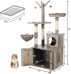 Timberer Litter Box Enclosure with Cat Tree, 2-in-1 Cat Tree Tower, Hidden Cat Litter Box Furniture with Scratching Post, Modern Cat Condo, Grey