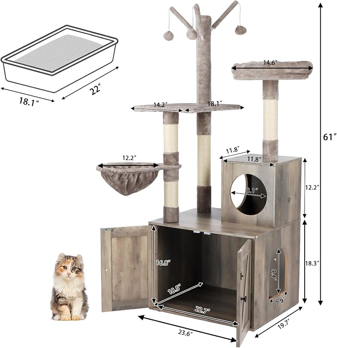 Timberer Litter Box Enclosure with Cat Tree, 2-in-1 Cat Tree Tower, Hidden Cat Litter Box Furniture with Scratching Post, Modern Cat Condo, Grey