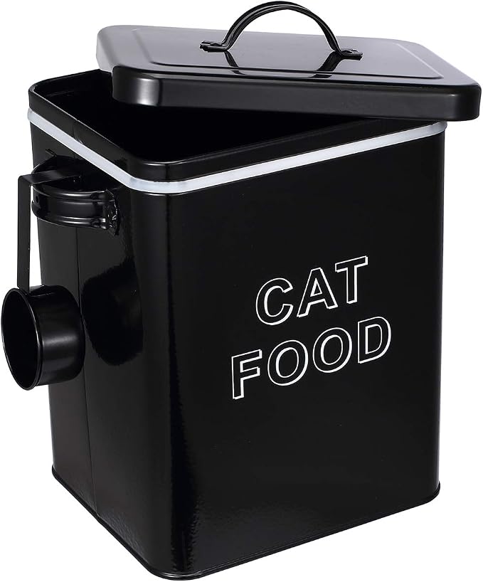 Cat Food Storage Container Farmhouse Pet Food Storage Containers with Lid and Scoop, Perfect Vintage Canister Treats Tin for Kitchen Countertop, Shelf, Great Gift for Pet Owners - Cat Food - Black