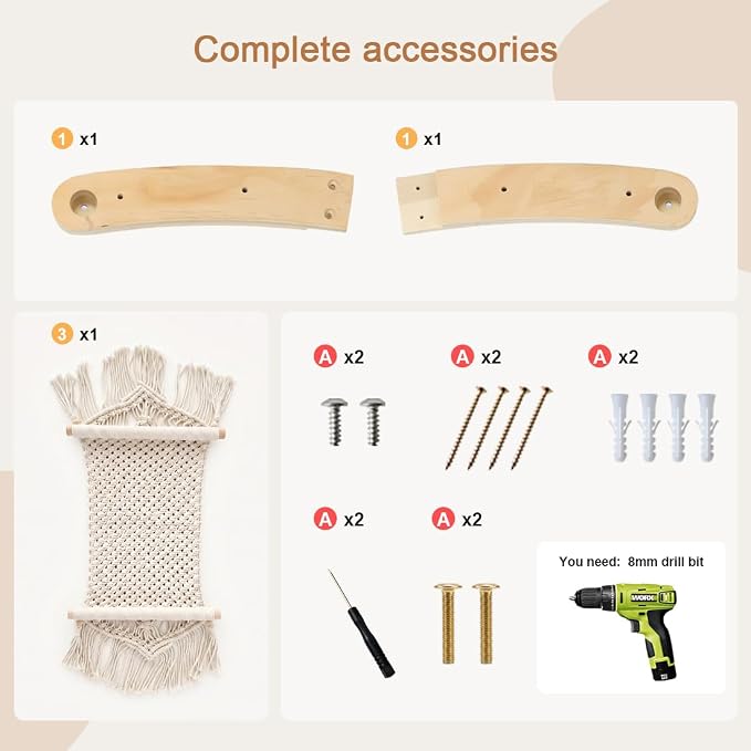 Macrame Cat Wall Shelves & Hammock - Comfy Cat Beds with Window Perch for Indoor Cats, Sleeping & Climbing, Cotton Rope, Natural Wood, Maximum Hold up to 30lb, Beige White