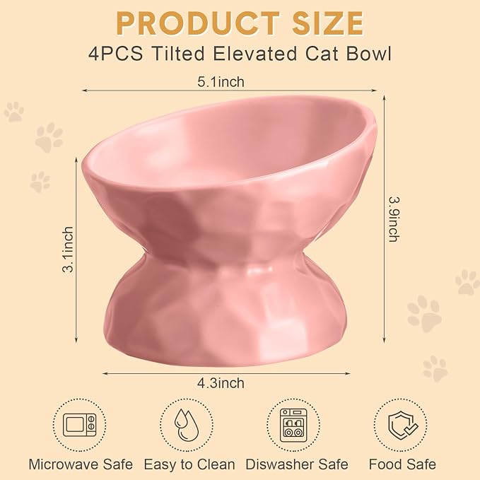 4 Pcs Ceramic Raised Cat Bowl 6.8 oz Pet Food Bowl Anti Vomiting Pet Elevated Dog Feeder Tilted Cat Water Bowl Feeding Kitten Dishes for Small Dog Kitten(White, Yellow, Blue, Pink)