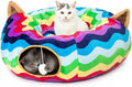 Large Cat Tunnel Bed Under Christmas Tree with Fluffy Toy Balls, Small Cushion and Flexible Design- 10 inch Diameter, 3 ft Length- Great for Cats, and Small Dogs, Rainbow Wave Color