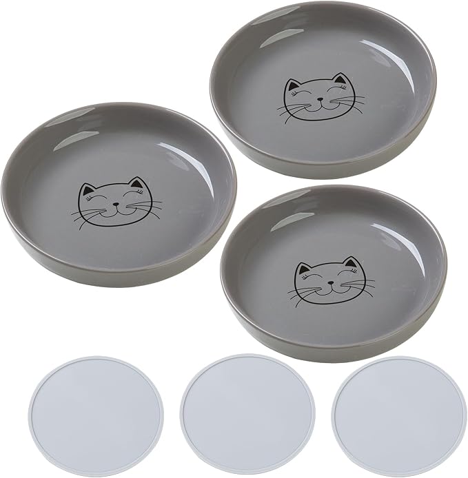 Lusifaco Shallow Wide Cat Food Bowls Anti Whisker Fatigue (Grey, 3 Pack) | 5.9 Inch 2 Height Raised Ceramic Cat Dishes with Bamboo Stand, Flat Pet Water Food Plates Feeding Station for Indoor Kitten