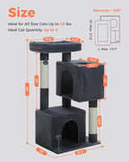 XL Cat Tree 44" Cat Tower for Large Cats 20 lbs, 2 Spacious Caves | Multi-Level Cat Tree with Scratching Posts, Soft Padded Perch, 2 Dangling Toys
