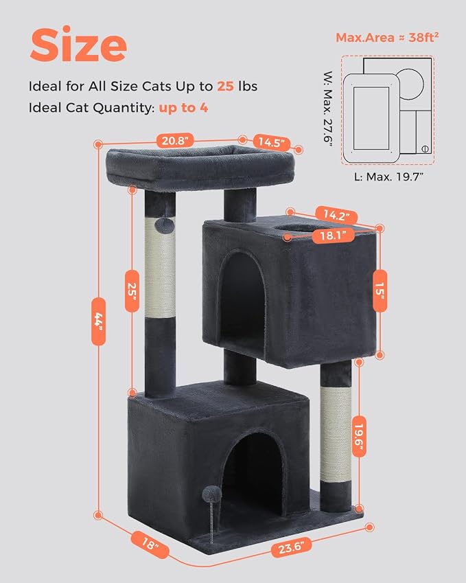 XL Cat Tree 44" Cat Tower for Large Cats 20 lbs, 2 Spacious Caves | Multi-Level Cat Tree with Scratching Posts, Soft Padded Perch, 2 Dangling Toys