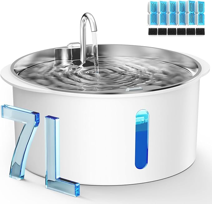 Pektaco Dog Water Fountain for Large Dogs, Stainless Steel Tray, 6 Filters | 7L/1.8Gal, 4-Layer Filtration, Viewing Window, LED Water Level Indicator, Super Quiet Pump, Easy to Clean, BPA-Free