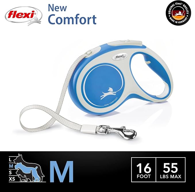 FLEXI® Comfort Tape Retractable Dog Leash, Medium, 16 ft - Blue | German engineered, original flexi leash, durable quality for dogs up to 55 lbs, tangle-free, walking, reliable brake system