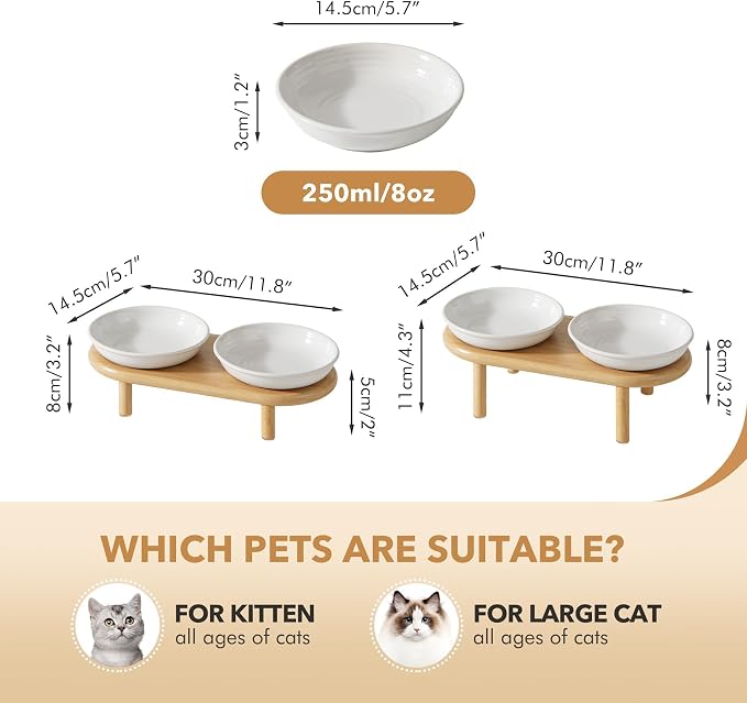 Havniva Elevated Cat Bowls, Ceramic Cat Bowl with Bamboo Stand Wide Opening | 5.7” Raised Cat Food Bowls, Whisker Friendly Cat Dish, Anti-Slip Cat Water Bowls, Shallow Cat Bowls, Cat Food & Water Bowl