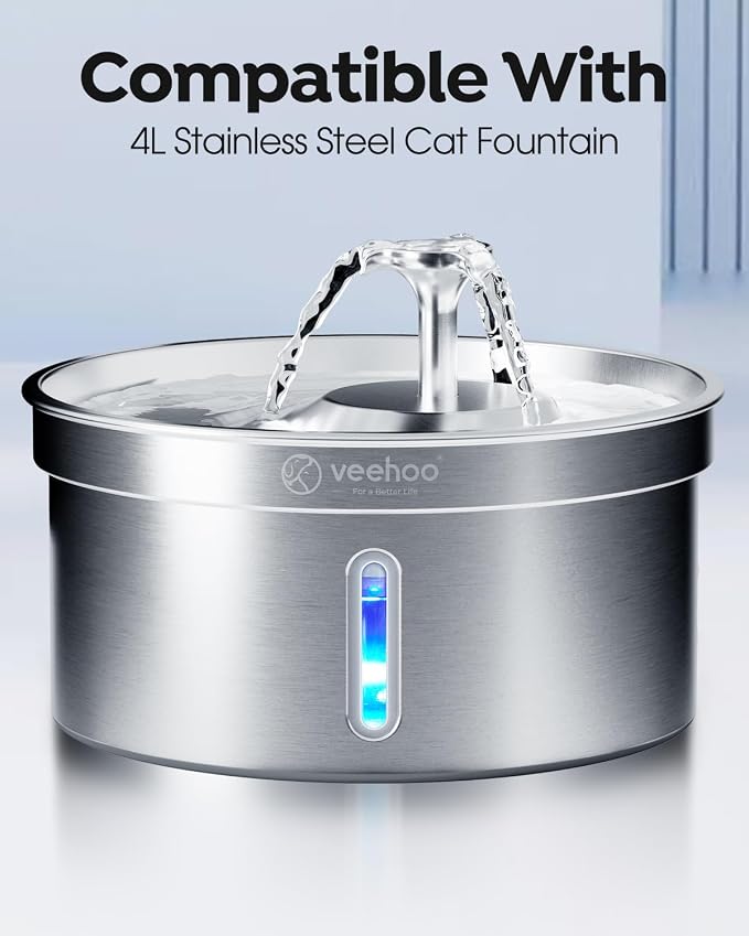 Veehoo 8 Pack Replacement Filters & Pre-Filter Sponges for 135oz Fountain | 135oz 304 stainless steel cat water fountain fit, 4 month supply