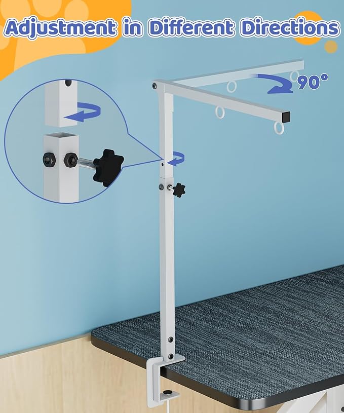 Dog Grooming Arm with Clamp for Large Dog, Adjustable Height to 33in and Width to 43in, Pet Grooming Table Arm with 2 Loop Noose & 2 No Sit Haunch Holder for Home & Store (Table Not Include)